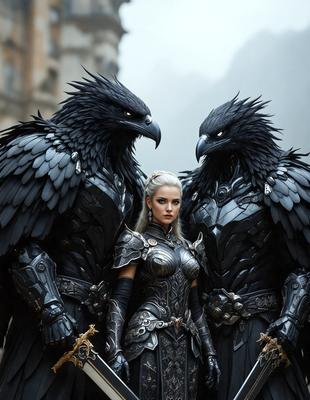 The primary subject of the image is a woman dressed in medieval armor, standing between two large, black, and metal bird-like creatures. The setting appears to be a fantasy or mythical world, as the woman and the bird-like creatures seem to be part of a story or a costume event. The visual style of the image is a combination of digital art and illustration, creating a unique and intriguing scene. The colors and mood of the image are dark and dramatic, with the woman and the